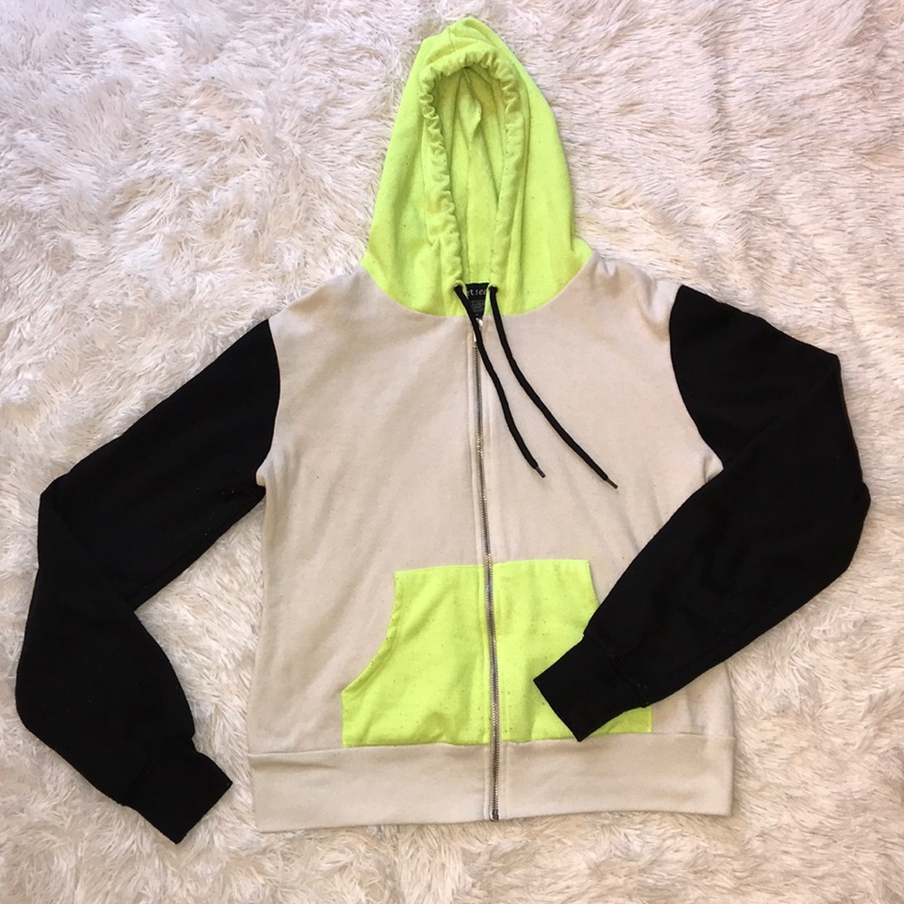 White, black, and neon yellow/green pullover